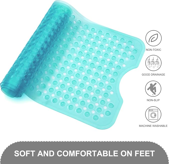 TEESHLY Bath Tub and Shower Mats, Non Slip 40 x 16 Inch Extra Large Bathtub Mat, Machine Washable Bathmat with Drain Holes, Suction Cups for Bathroom Floor, Clear Turquoise