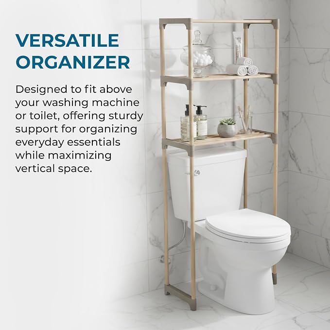 Honey-Can-Do 3-Tier Wood Over-the-Toilet Storage Shelf, Natural | Space-saving natural wood shelf fits over toilet/small appliances. 2 slatted shelves + hanging bar. Tool-free build.