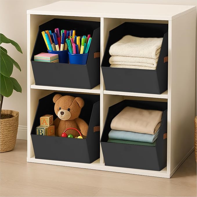 Large Closet Storage Cubes - Closet Storage Bins with Dual Handles for Clothes, Towels, Toys, Shelf Organizer Bins for Bedroom, Nursery, Shelves, Small Spaces, Black, 6 Pack