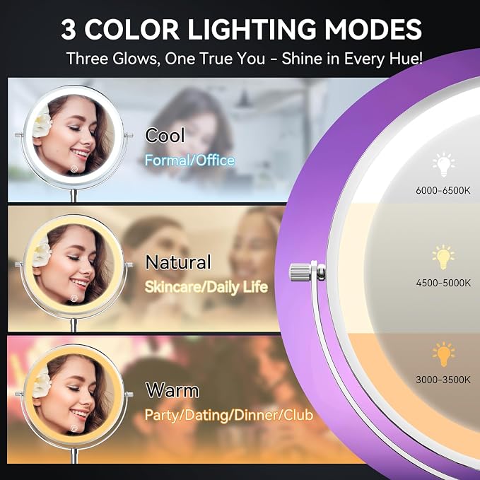 Auxmir 9" 1X/30X Lighted Makeup Mirror, Rechargeable Maginfying Mirror | 3 dimmable colors, 14.9-18.5 in adjustable height, 3000mAh, 360°rotation, stable storage base, 30X magnification, Chrome