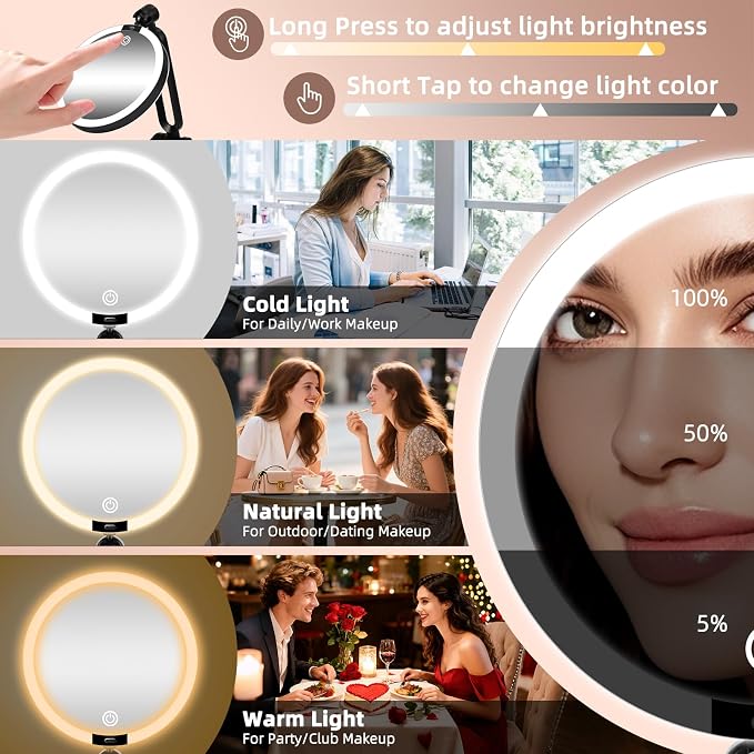 30X/1X Makeup Magnifying Mirror with Lights, 6inch Double-Sided LED Mirror | 1X/30X Makeup Magnified Mirror, Desktop 30X Magnification Rechargeable 3 Color Dimmable Light, 360° Adjustable Rotation Angle
