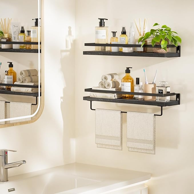 Amada Bathroom Shelves with Towel Bar, Set of 2, Black | Floating Shelves with Detachable Towel Bar, Protective Metal Guards, Paulownia Wood, Bathroom, Living Room & Kitchen Storage