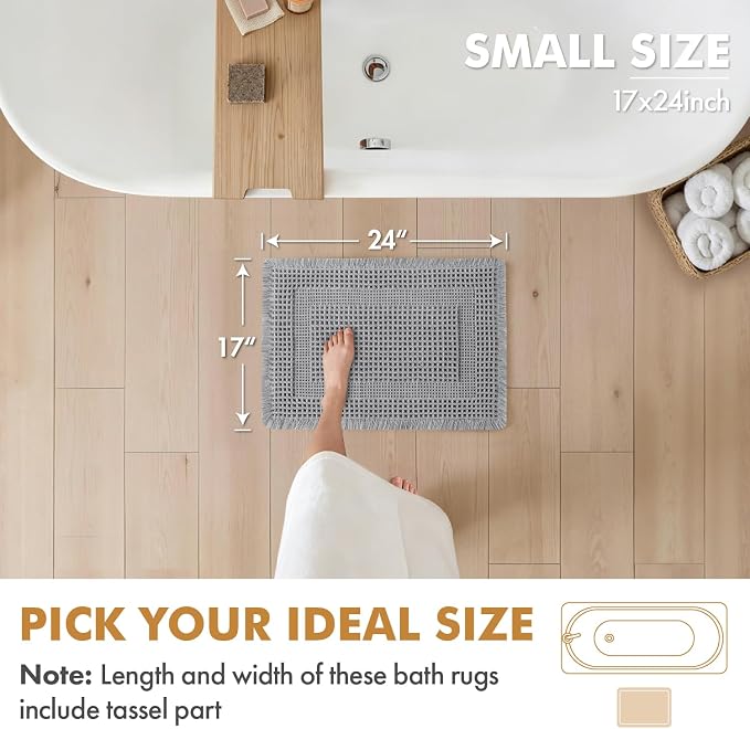 MIULEE Set of 2 Waffle Bathroom Rugs Light Grey Boho Bath Mat 17x24 in | Looped Design, Super Absorbent, Non Slip, Washable, Ultra Soft, Rubber Backed, Bathroom Mats for Floor Tub Shower