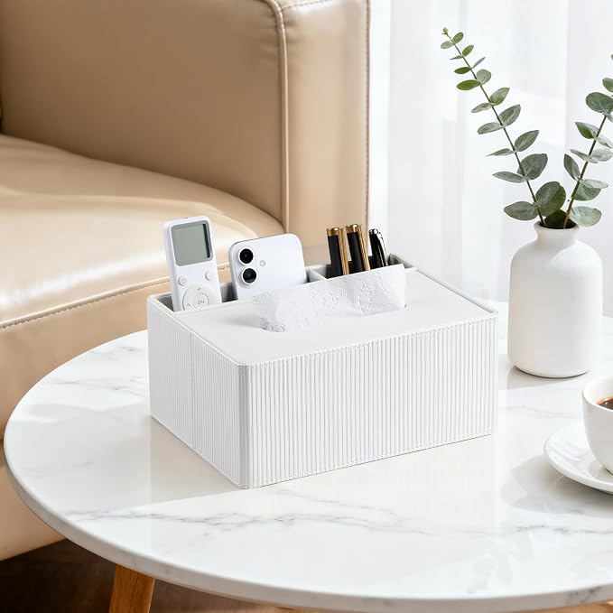 Tissue Box Cover Rectangle PU Leather Tissue Box Holder Rectangular (Ivory) | 2 Storage Compartments, Soft Velvet Lining, Aesthetic Stripes, For 120(3-Ply)/160(2-Ply) Tissue Box