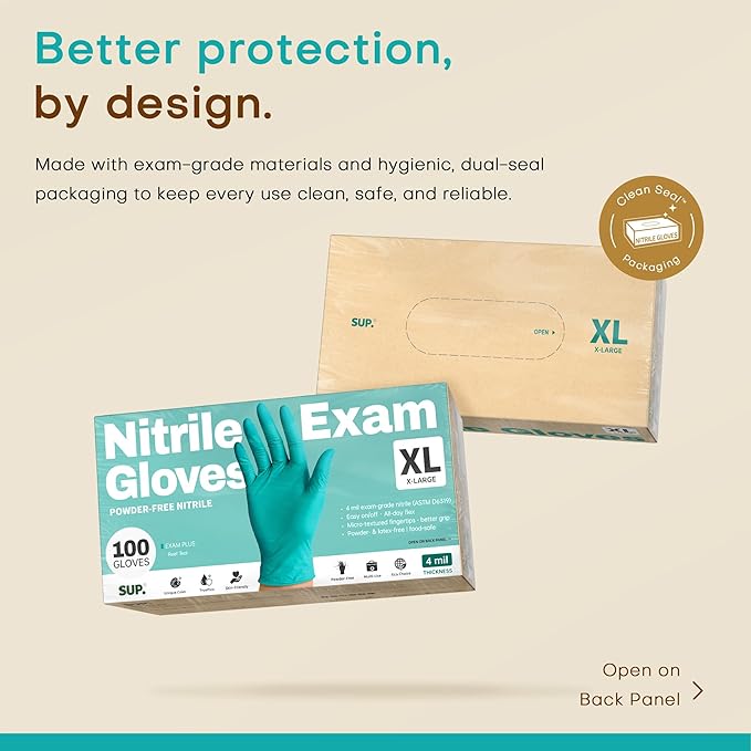 SUP Powder-Free Nitrile Exam Gloves, 100 Count Food Safe Latex-Free Disposable Gloves for Medical Lab Cooking Cleaning, Teal
