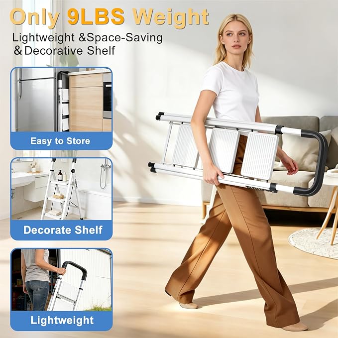 3 Step Ladder Folding Step Stool with Handrail | 500LBS Capacity Sturdy Carbon Steel Frame Anti-Slip Pedal & Feet Portable for Home Kitchen Garage Bathroom (white-3step)