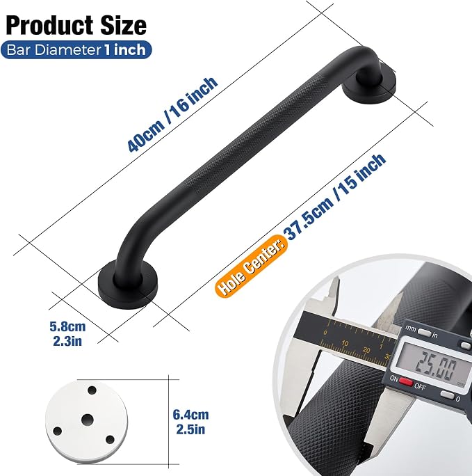 Grab Bars for Shower, 16 Inch Shower Handle, 2 Pack, Matte Black | Grab Bars for Bathroom, Knurled Anti-Slip Grip, 15-Inch Hole Centers, 1-Inch Diameter, Wall-Mounted Support for Seniors