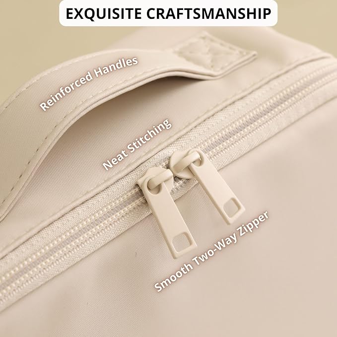 tianzong Travel Makeup Bag with Magnetic Fold-Down Flap, Waterproof Leather Cosmetic and Toiletry Organizer for Women, Multi-Zone Standing Storage, Cream, X-Large