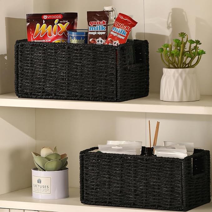 Wicker Storage Basket, Set of 2 Black Wicker Baskets for Bathroom | Hand-Woven Wicker Small Storage Baskets for Organizing Toilet Paper, Foldable Large Cube Storage Organizer Bin for Shelves