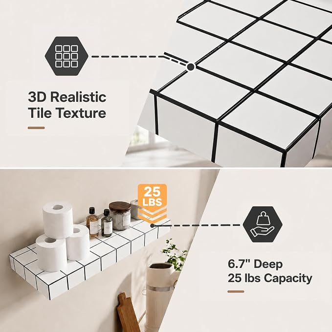 Floating Shelves, Set of 2, White with Black Lines | 15.7"W x 6.7"D x 1.5"H, set of 2, 25 lbs per shelf, 3D tile texture, splash-resistant, ~30 min assembly.