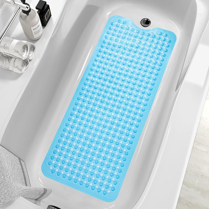 MOONFLY Shower and Bathtub Mat, 40x16 Inches, Clear Blue | Extra Long Non Slip Mats with Suction Cups,Drain Holes, Machine Washable ,Anti Slip Bathmats, Bathroom Mats for Tub Nonslip