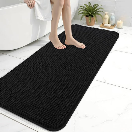 Arotive Chenille Bathroom Rugs 47x17, Soft Absorbent Bath Mat, Black | Rubber Backing, Machine Washable Dry Bath Mats for Bathroom Floor, Tub and Shower, Home Decor Accessories