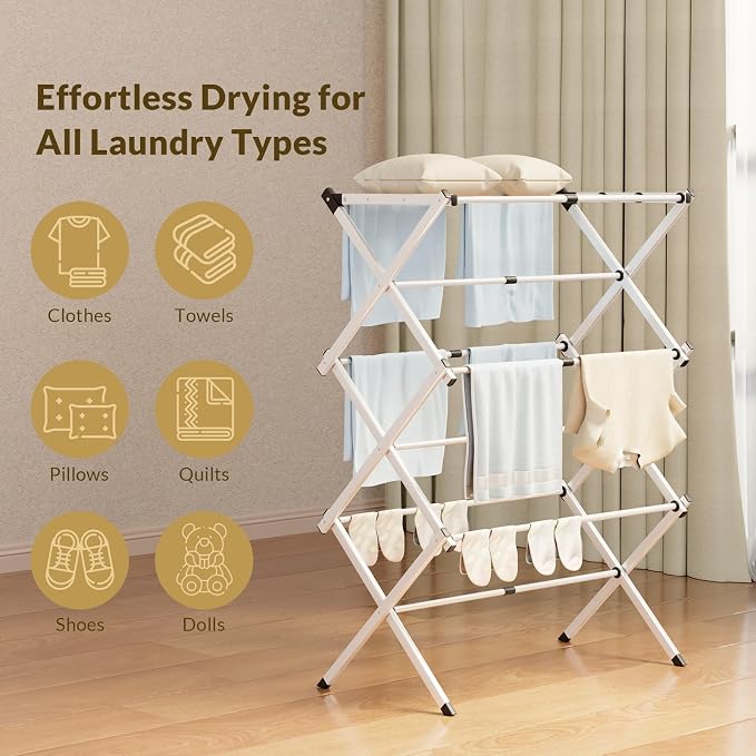 Clothes Drying Rack Collapsible,Heavy Duty Foldable Laundry Rack for Drying Clothing,3-Tier Space Saving Drying Rack Clothing for Indoor Outdoor Bathroom Apartment