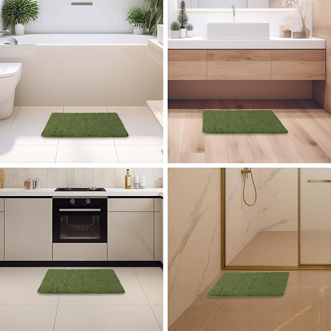 Sage Bathroom Rugs – Absorbent and Washable Bath Mat, Non-Slip, Thick Soft Chenille Bath Rugs for Bathroom Floor, Shower, Sink - 17" x 24"
