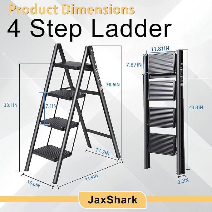 4 Step Ladder Folding Step Stool Sturdy Carbon Steel Frame | Anti-Slip Thick Pedal & Feet Portable for Home Kitchen Garage (black-4step)
