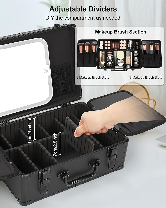 Relavel Makeup Case, Makeup Bag with LED Mirror Makeup Organizer Large Cosmetic Bags Travel Train Case for Women, Portable Vanity Makeup Box with Rechargeable Light up Mirror and Adjustable Dividers