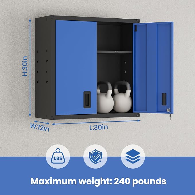 30 Inch Metal Wall Cabinet, Metal Wall Cabinet for Garage, Blue | Wall Mount Cabinet with Lock and Adjustable Shelf, Lockable Storage Cabinet for Home Office,Garage,Gym,School