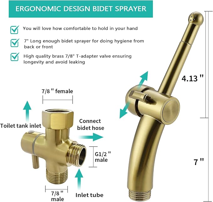BARROCK Bidet Sprayer for Existing Toilet, Advanced Handheld Ergonomic Jet Spray Set with Precision Water Pressure Control for Muslim Shower/Feminine Hygiene/Pet Cleaning, Brushed Gold