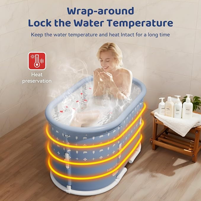 Portable Bathtub, Foldable Bathtub 37.4x21.6x21.6in, White Brown Stripes) | Inflatable Bathtub Free Standing Tub with 2 Drain Ports, Space Saving, Hot Tub, Ice Bath Tub, Indoor Outdoor