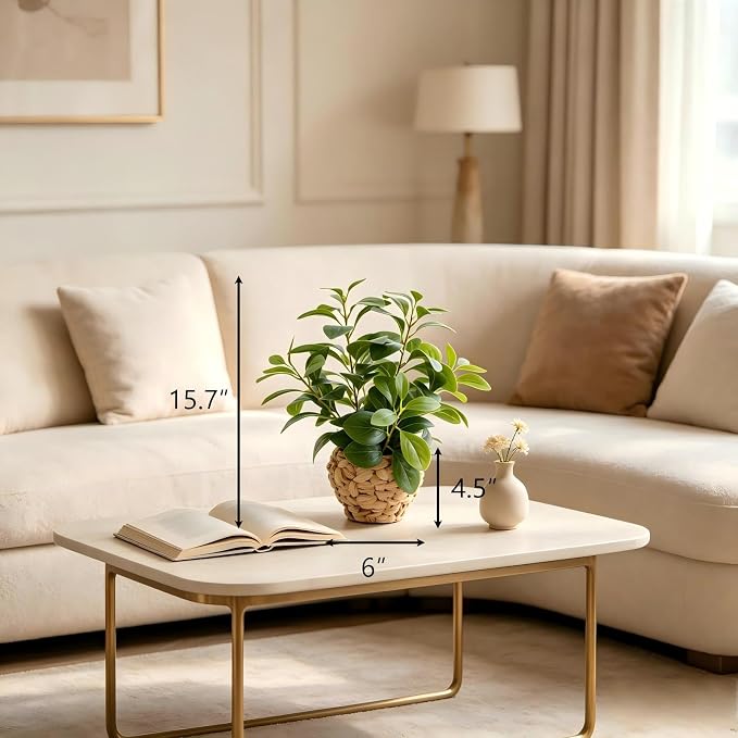 AlphaAcc Fake Faux Potted Plant 15.7" Ficus Water Hyacinth Boho Decor | Artificial plants fig leaf greenery natural hyacinth basket ideal boho office desk shelf home decor