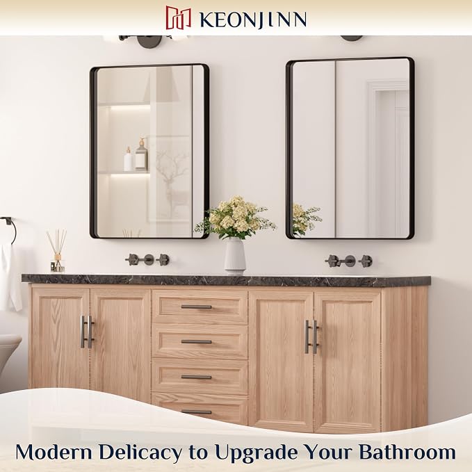 Keonjinn 24 x 32 Inch Black Bathroom Mirrors for Over Sink, Tempered Glass | Sandblasted Finish, Matte Black Vanity Mirror, Anti-Rust, Seamless Aluminum Frame, Rounded Rectangle, French Cleat Mount