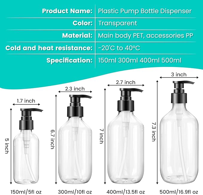 Teyssor Empty Pump Bottle Dispenser Clear 2 Pack 150ml/5oz Plastic Liquid Soap Dispensers, BPA-Free Refillable Container for Essential Oil Shampoo Lotion