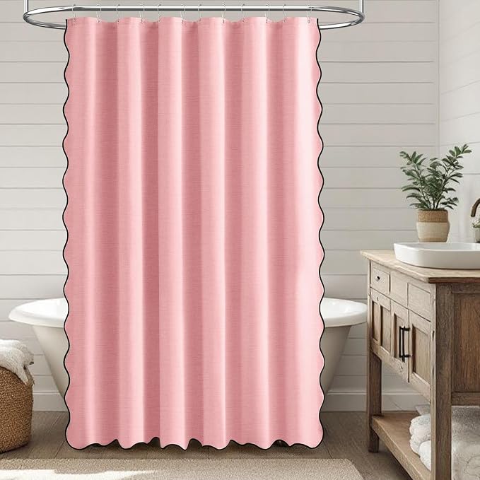 72x80 Boho Scalloped Linen Textured Cloth Shower Curtain Set, Pink | Long Size, 230GSM Waterproof Polyester, Heavy Duty Fabric, 12 Plastic Hooks, Elegant Modern Farmhouse Style, Machine Washable