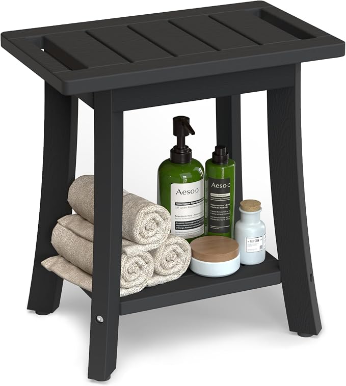 HIPS Shower Bench Inside Shower Stool with Storage Shelf, Waterproof Spa Bath Chair for Bathroom, Seat or Organizer for Living Room, Bedroom - Great for All Ages Unisex Elderly (Small, Black)