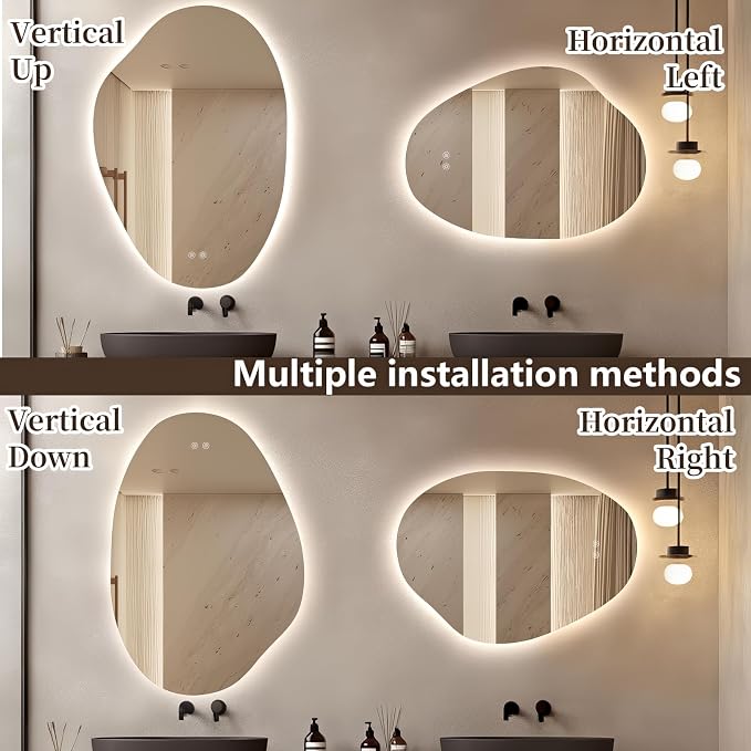 Irregular LED Bathroom Mirror 32 x 22 inch, Frameless Backlit Mirror with Lights Vanity Mirrors for Wall, Asymmetrical Anit-Fog, 3 Color Dimmable, Memory, Horizontal/Vertical