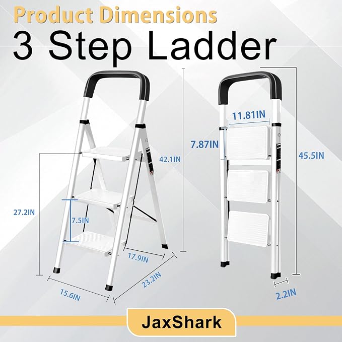 3 Step Ladder Folding Step Stool with Handrail | 500LBS Capacity Sturdy Carbon Steel Frame Anti-Slip Pedal & Feet Portable for Home Kitchen Garage Bathroom (white-3step)