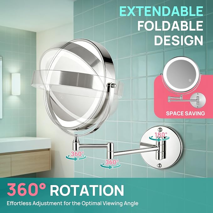 Wall Mounted Lighted Makeup Mirror: Double Sided 1X/30X Magnifying Mirror | 3000mAh Rechargeable Makeup Mirror with Light for Bathroom, 3 Color Lighting, Touch Screen Dimming, Extended Arm 360 Rotation