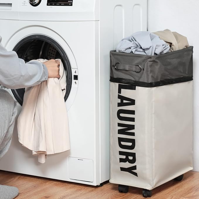 DOKEHOM 25" Slim Rolling Laundry Basket Hamper, Narrow on Wheels, Beige | Collapsible narrow laundry hamper with mesh drawstring closure. Foldable corner clothes storage bin for small spaces