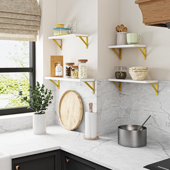 YGEOMER 4 Different Sizes Floating Shelves for Wall Decor, White and Gold | Rustic wood shelves in mixed sizes for flexible combined storage. Fits bathroom, kitchen, living room, bedroom and office.