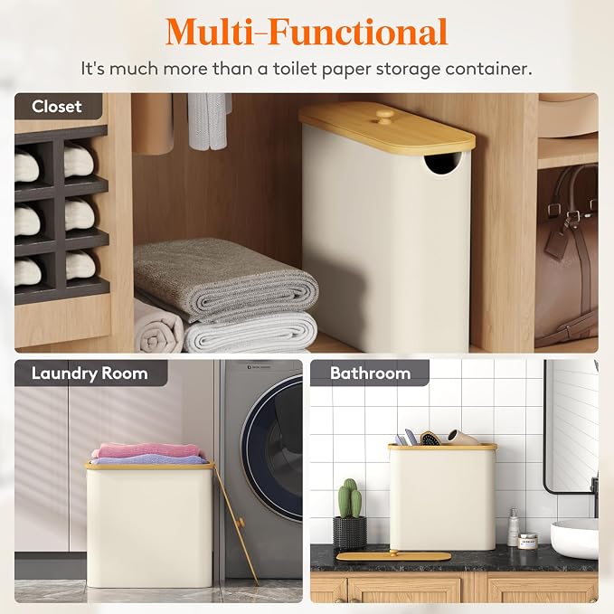 Lifewit Toilet Paper Storage Holder for 12 to 16 Rolls, Free Standing Toilet Paper Basket Stand with Bamboo Lid, Collapsible Fabric Bathroom Organizer Box for Mega Rolls, 30L, Extra Large, White