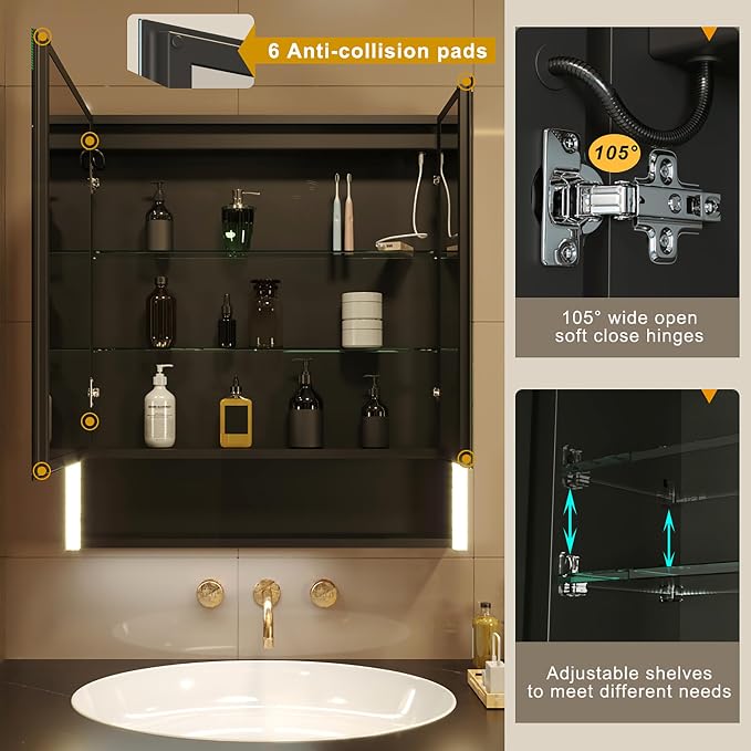 31x34 Inch Two Doors Aluminum LED Bathroom Medicine Cabinet with Mirror | Light Adjustment, Anti-Fog, Sockets&USBs, High Capacity, Easy to Install