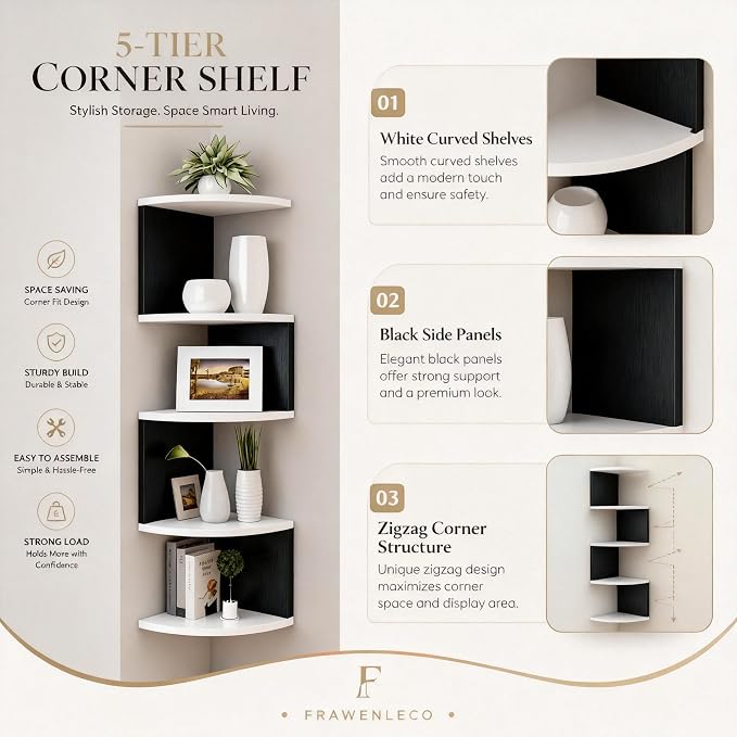 No-Drill Corner Shelf Wall Mount, 5-Tier Floating Corner Bookshelf with Hooks, Space-Saving Zigzag Plant Shelf for Bedroom, Living Room, Bathroom, Home Office(White & Black)