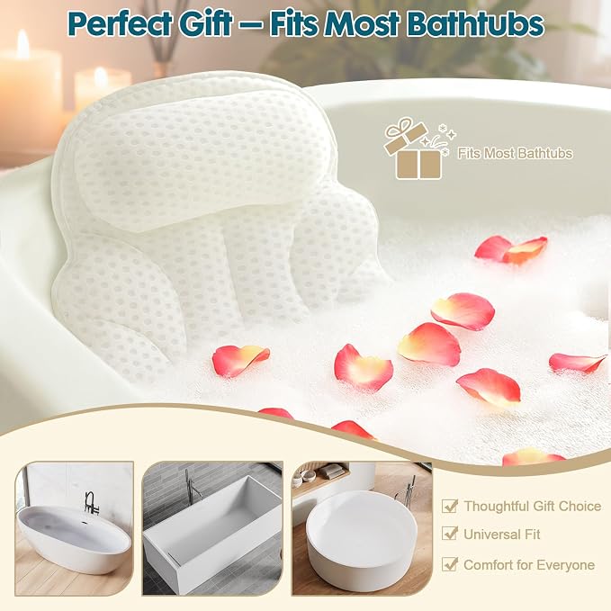 Small Bath Pillow – Bathtub Pillow with Head, Neck & Shoulder Support, Non-Slip Tub Pillow for Bathtub & Jacuzzi, Breathable Bath Tub Pillow with Wash Bag, Bath Accessories Gift for Women & Men