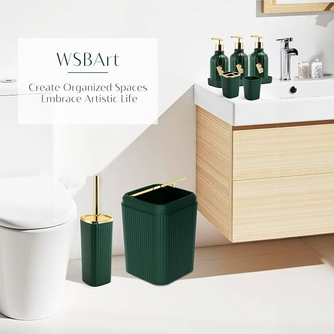 17PCS Bathroom Accessories Set, Dark Green Bathroom Set Bathroom Accessories Set with Trash Can, Toilet Brush, Toothbrush Holder, Qtip Holder & 3PCS Soap Dispenser