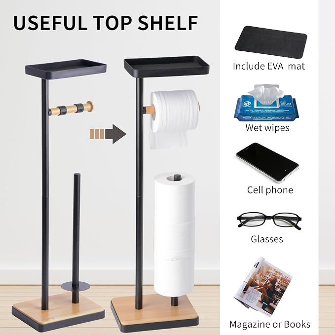 Clasin Home Toilet Paper Holder Stand, Free Standing Toilet Paper Holder with Storage and Top Shelf, Black Toilet Paper Stand Weighted Base with Bamboo Design for Bathroom