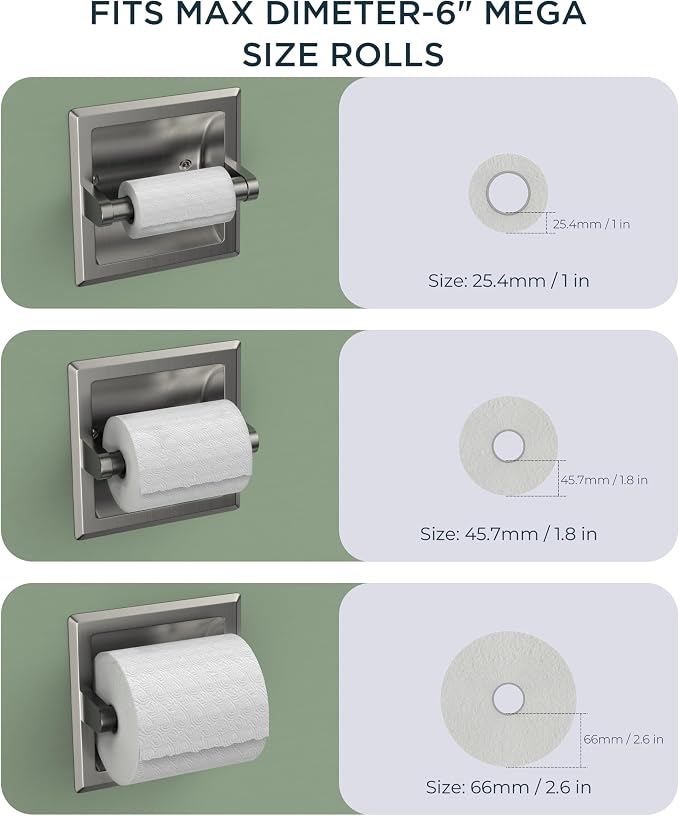 FORIOUS Recessed Toilet Paper Holder for Mega Rolls, Brushed Nickel | Stainless Steel Tissue Roll Holder Wall Mount for Bathroom Space-Saving Design, in Wall Toilet Paper Dispenser Insert