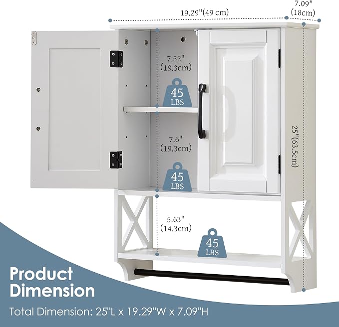 Bathroom Wall Cabinet, 25"x19" Farmhouse Wall Mounted Medicine Cabinet with 2 Raised Panel Doors, Adjustable Shelf & Towel Bar–Over Toilet Storage Organizer for Laundry Room, Entryway or Small Spaces