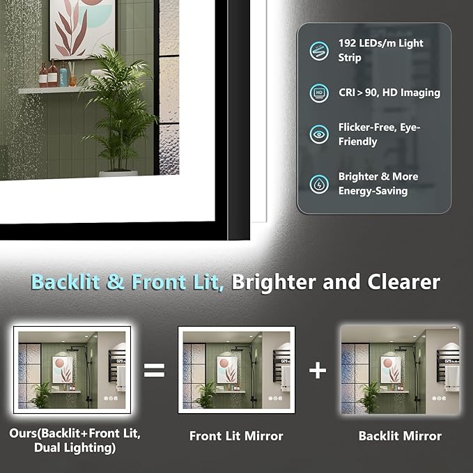 40x36 Black LED Bathroom Mirror, Backlit & Front Lit Lighted Mirror | Metal Framed Anti-Fog Vanity Mirror with Lights, 3 Color Dimmable, Memory, Tempered Glass, CRI95, IP54, Horizontal/Vertical
