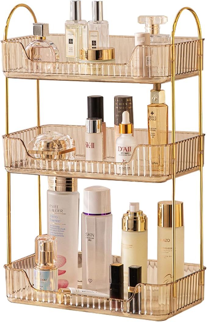 3 Tier Bathroom Counter Organizer Countertop Storage, Cosmetics Skincare Shelf Organizer, Makeup Organizer Perfume for Dresser Vanity Tray, Spice Rack Organizer for Kitchen - Gold