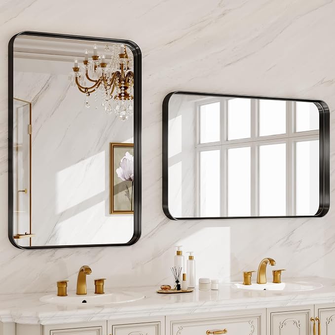 48X32 Inch Metal Black Framed Bathroom Mirror for Wall, Matte Framed Rounded Rectangular Modern Mirrors for Over Sink, Anti-Rust, HD Tempered Glass, Farmhouse, Hangs Horizontally or Vertically