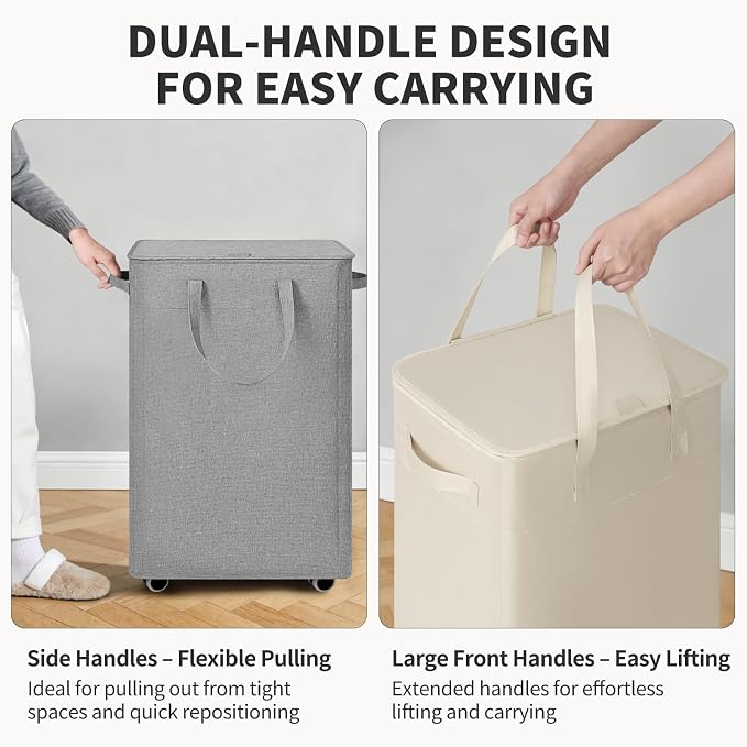 Goodpick 75L Rolling Laundry Hamper with Removable Wash Bag, Grey | 16.5 × 12.5 × 27.5 in, Reinforced Handles, Collapsible Design, Bathroom & Dorm Organization, Clothes & Blankets Storage