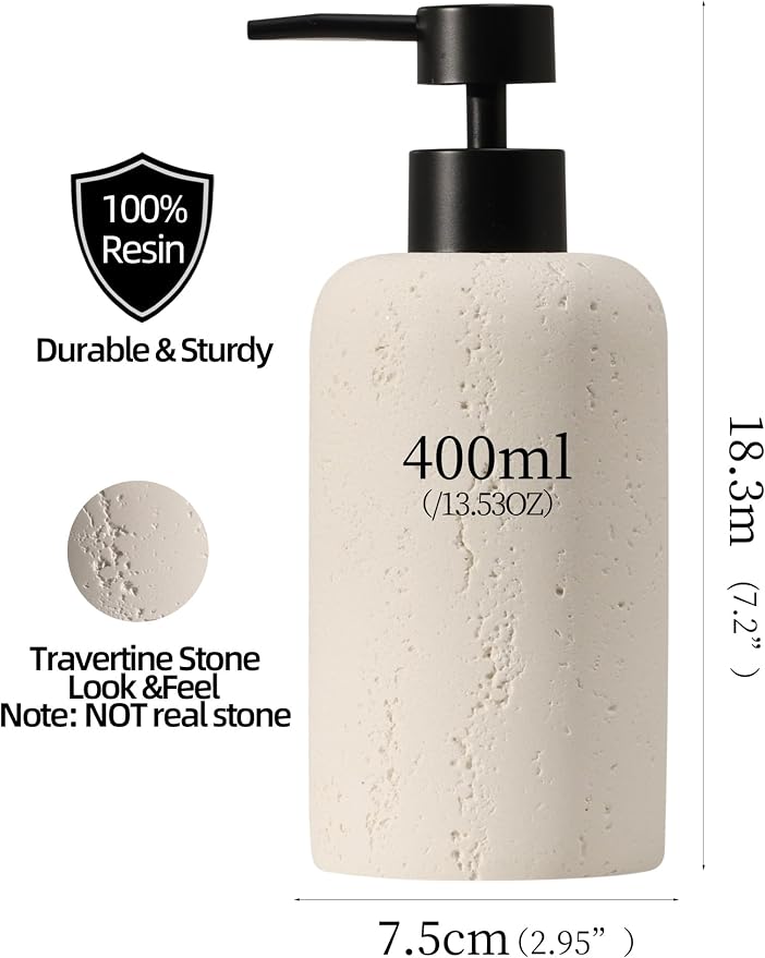 2 PCS Hand Soap Dispenser Set, 13.53 OZ, Cream, Faux Travertine | Luxurious,Dish Soap,Lotion,Shampoo and Conditioner Dispenser,Refillable,Rustproof Pump,For Bathroom Countertop Kitchen