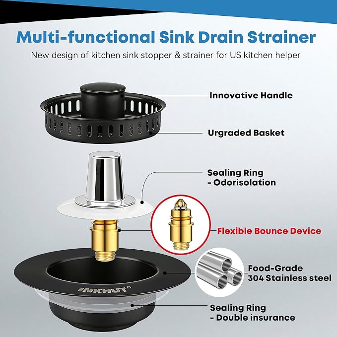 Upgraded 3 in 1 Kitchen Sink Drain Strainer (Black) | Stainless Steel Sink Stopper, Anti-Clogging Food Catcher Basket, Bounce Core Drain Strainer Plug for 3 1/2 inch Drain