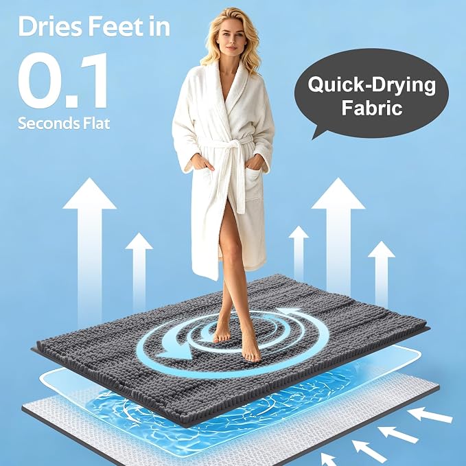 Striped Grey Bathroom Rug Mat Set 2 piece 32"x20"+60"x20" Ultra Soft, Non Slip Chenille Bath Rugs, Absorbent Plush Shaggy Bath Mats for Bathroom, Bedroom, Kitchen, Shower, Tub,Dark Gray, Charcoal