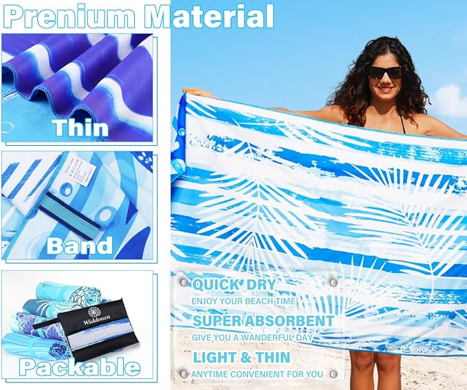 Widdonen Microfiber Beach Towel,Compact 2 Pack-71x32 Inch with Bag Travel | Extra Large,Lightweight,Thin,Sand Free,Quick Dry,Absorbent.Packable for Camping,Swim,Pool,Bath,Picnic,Cruise Essentials Gift