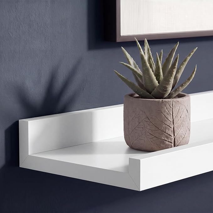 White Picture Ledge Shelves for Wall, 4.5" Deep Wood Floating Shelves with Lip for Bedroom, Living Room, 48" Width, Color White Set of 2